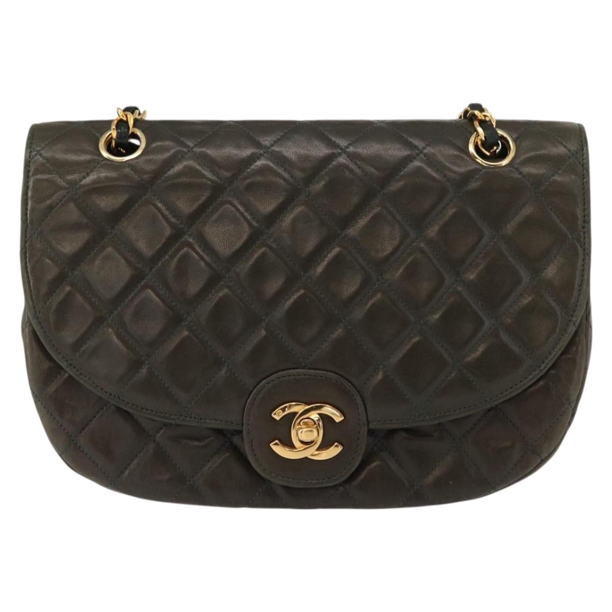 CHANEL Chain Matelasse Shoulder Bag Lamb Skin Khaki Gold CC Auth 155402