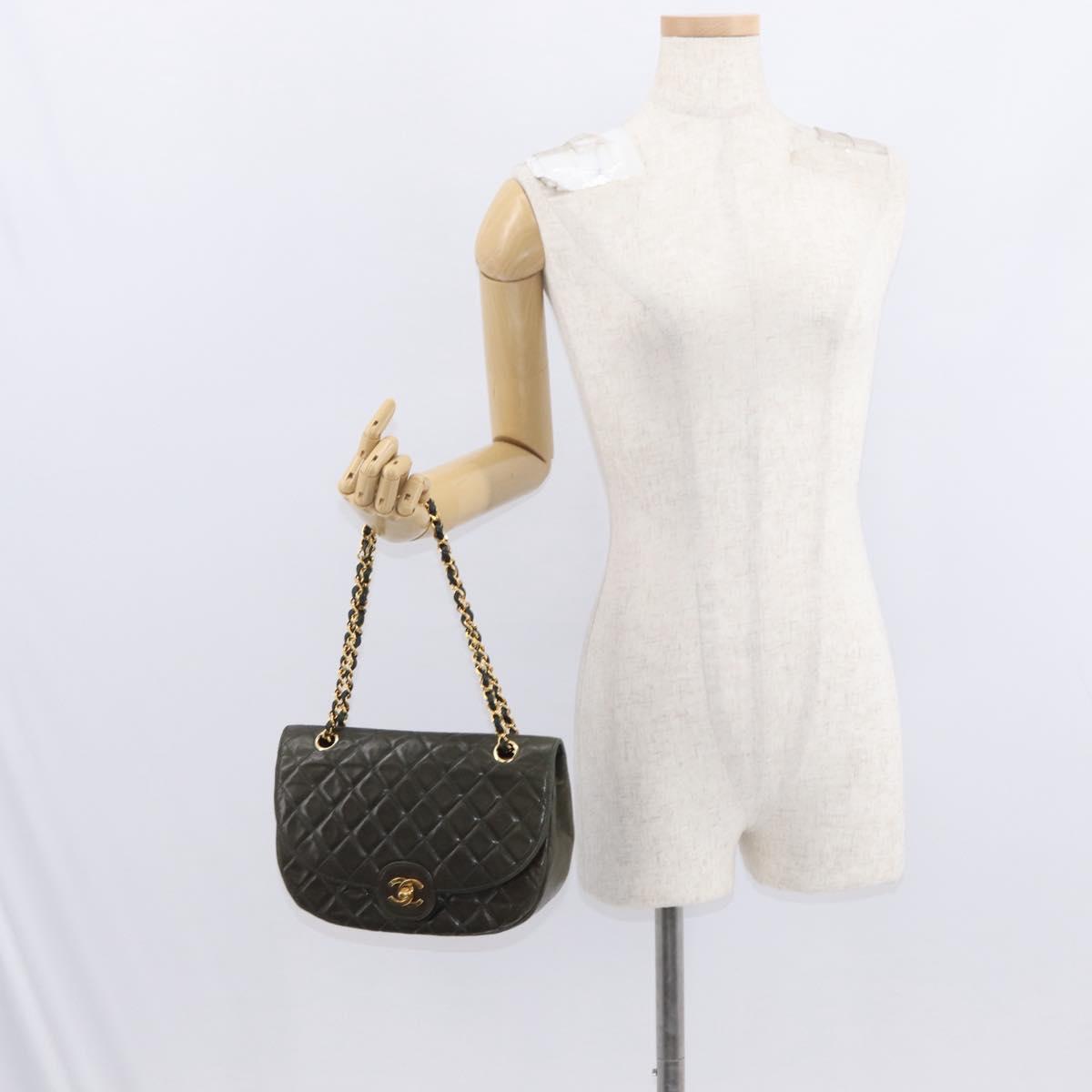 CHANEL Chain Matelasse Shoulder Bag Lamb Skin Khaki Gold CC Auth 155402