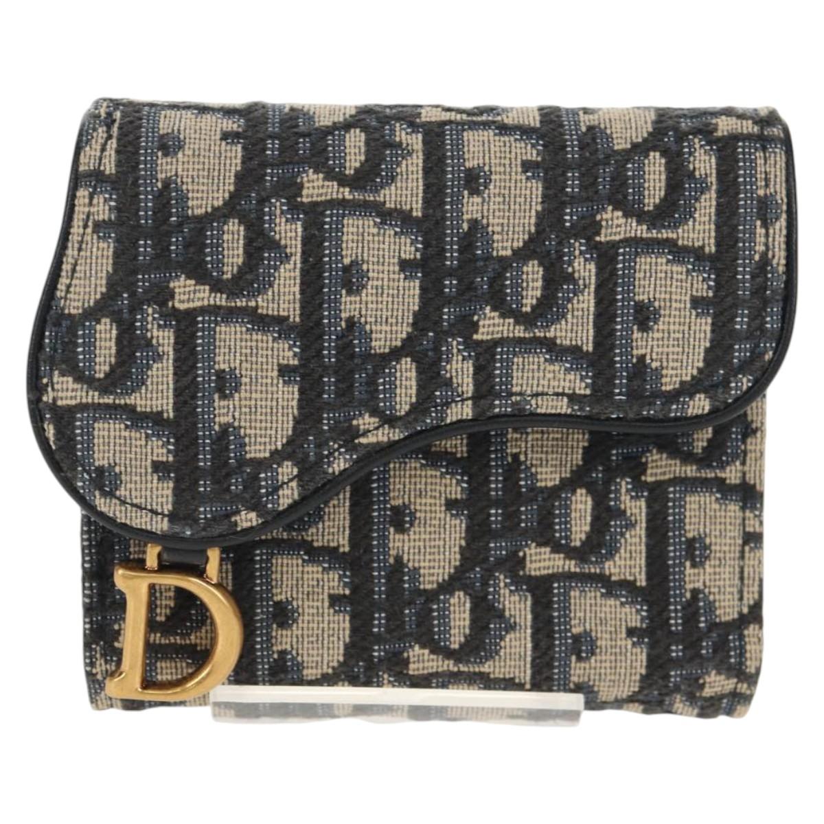Christian Dior Trotter Canvas Oblique Wallet Navy Gold Auth 155462M