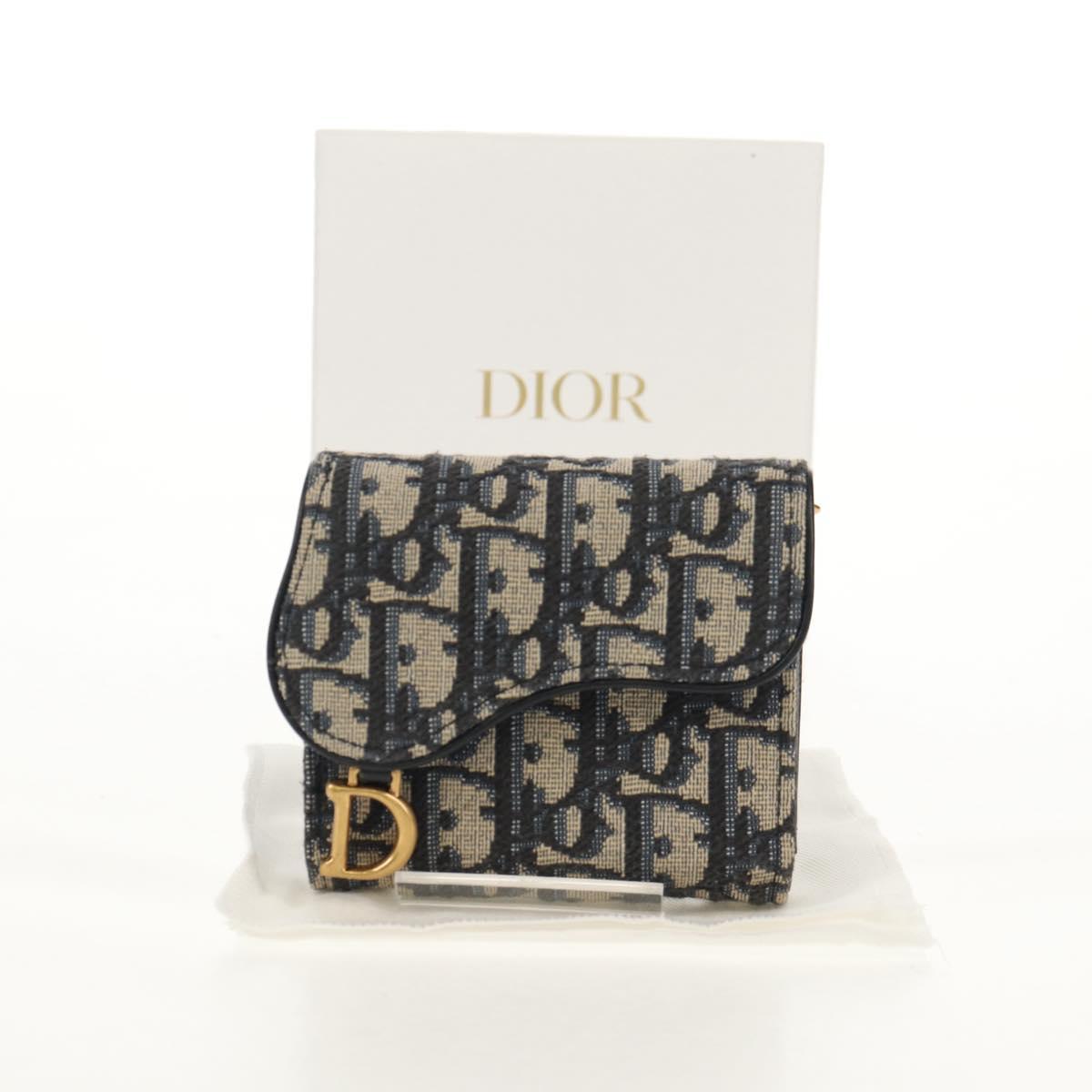 Christian Dior Trotter Canvas Oblique Wallet Navy Gold Auth 155462M