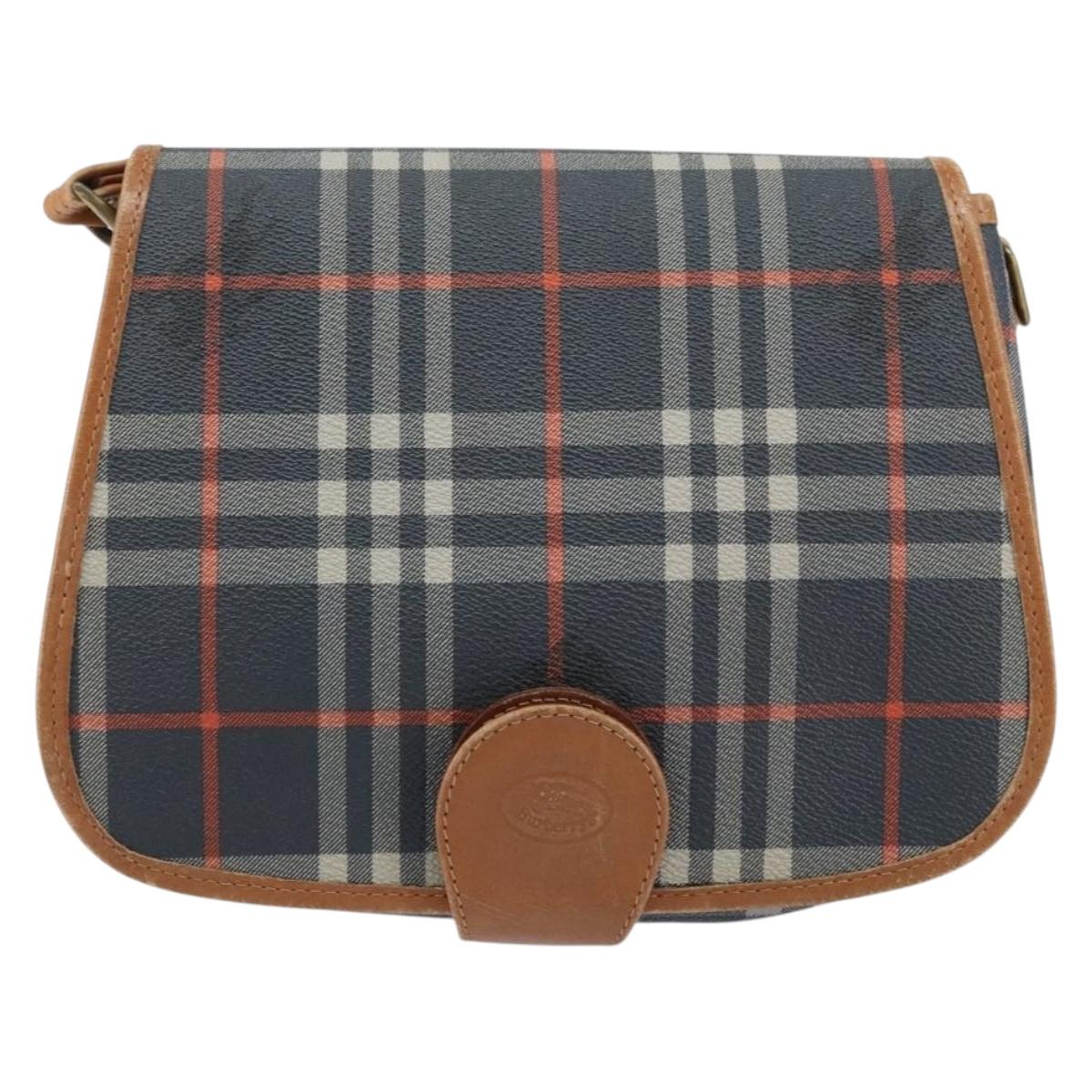 Burberrys Nova Check Shoulder Bag PVC Navy Gold Auth 155468