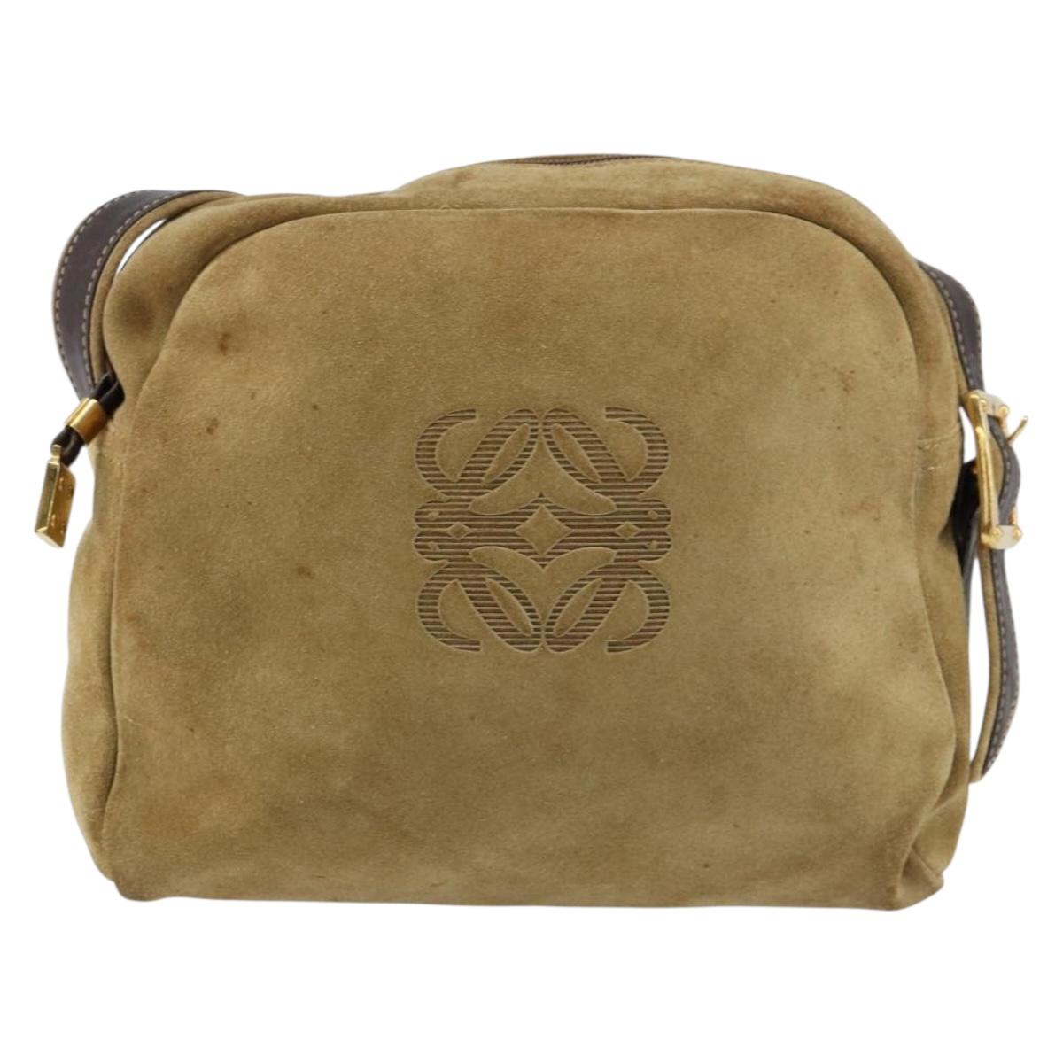 LOEWE Anagram Shoulder Bag Suede Beige Gold Auth 155473