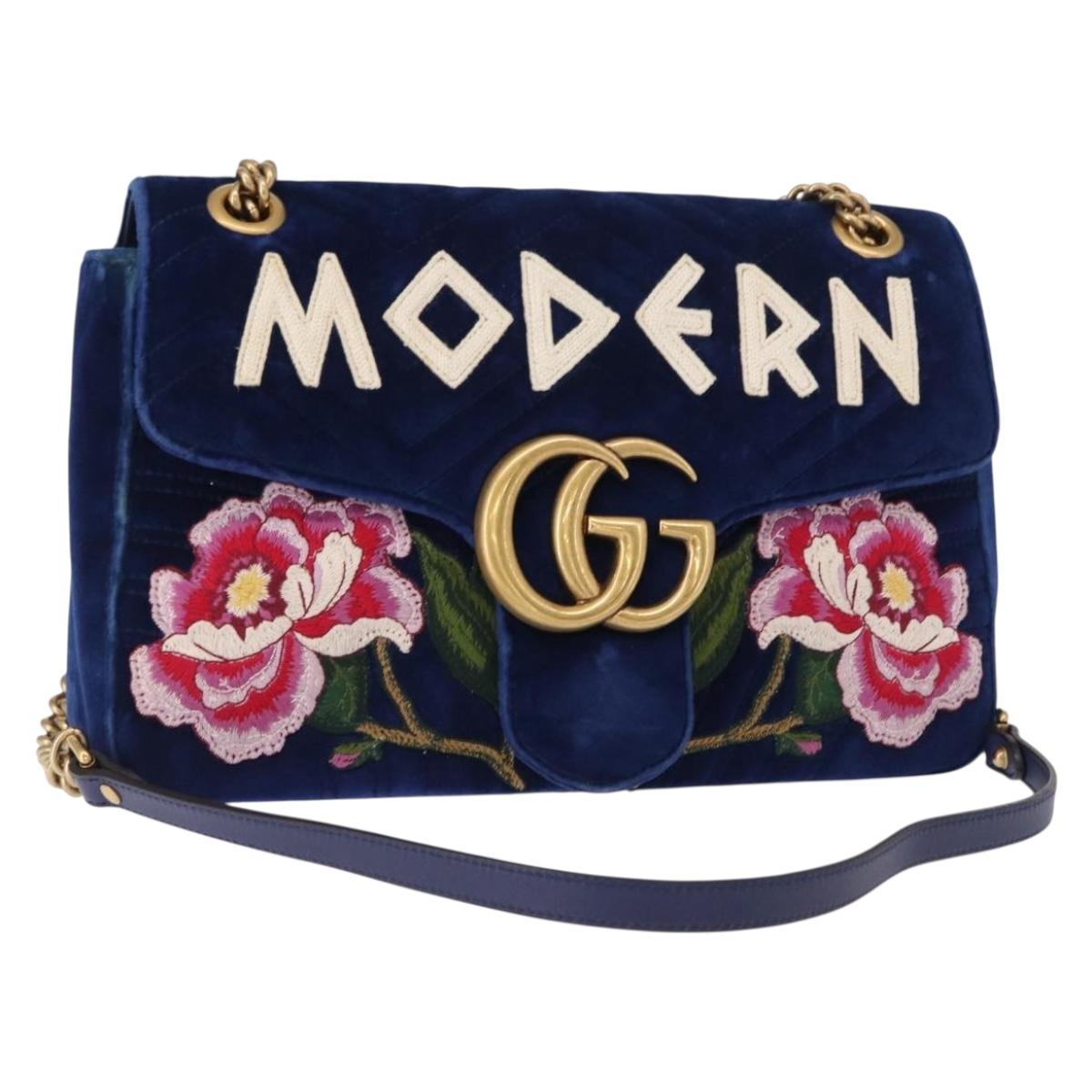 GUCCI Chain MODERN GG Marmont Shoulder Bag Velor Blue Gold 443496 Auth 155504