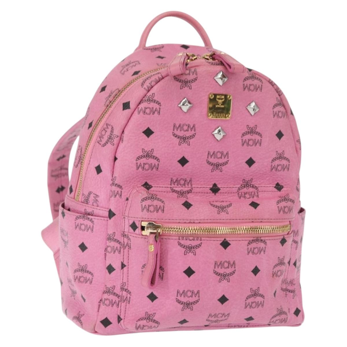 MCM Vicetos Logogram 360 Backpack PVC Leather Pink Gold Silver Auth 155541