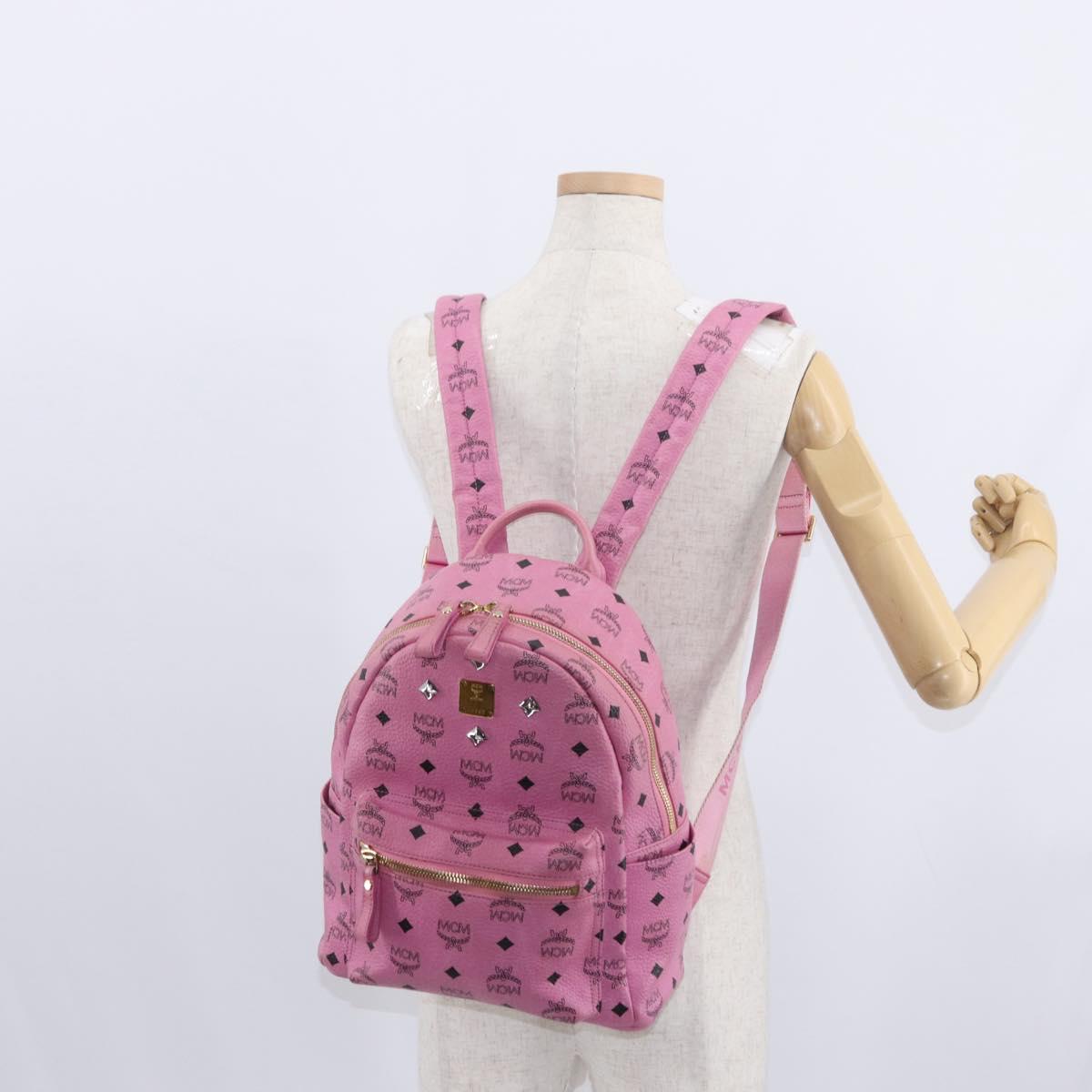 MCM Vicetos Logogram 360 Backpack PVC Leather Pink Gold Silver Auth 155541