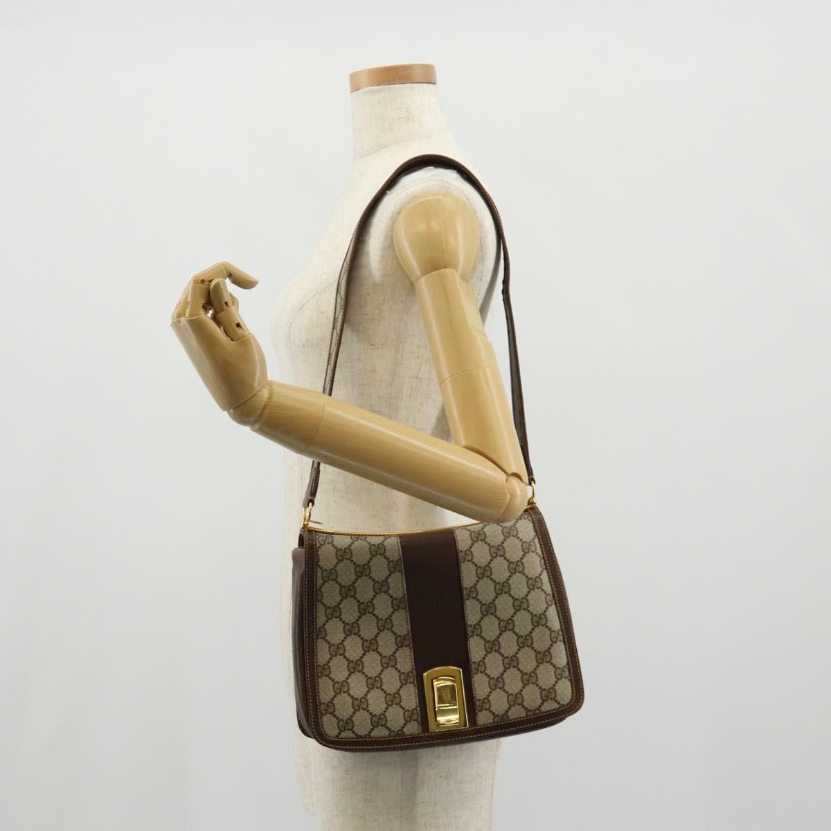 GUCCI GG Supreme Web Sherry Line Shoulder Bag PVC Beige Gold Auth 155549V