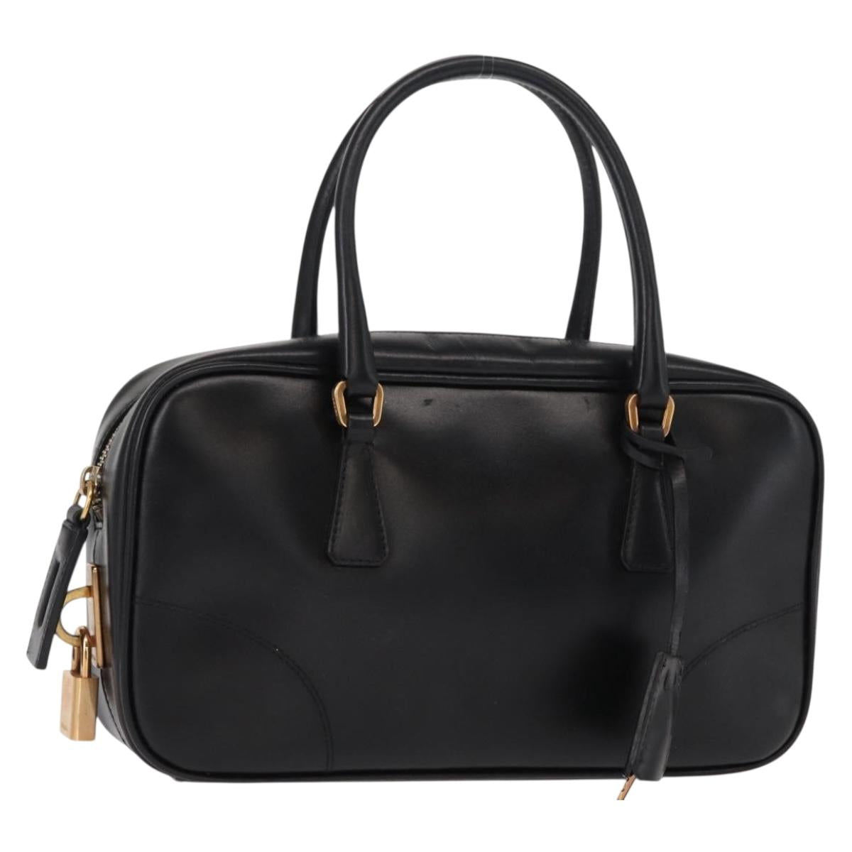 PRADA Hand Bag Leather Black Gold Auth 155558
