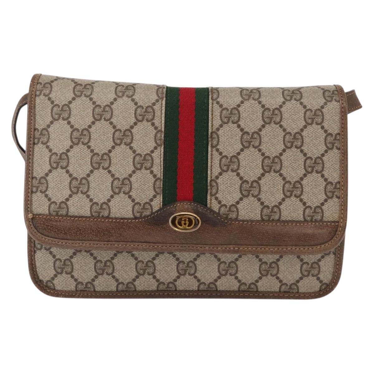 GUCCI GG Supreme Web Sherry Line Shoulder Bag PVC Beige Gold Auth 155593