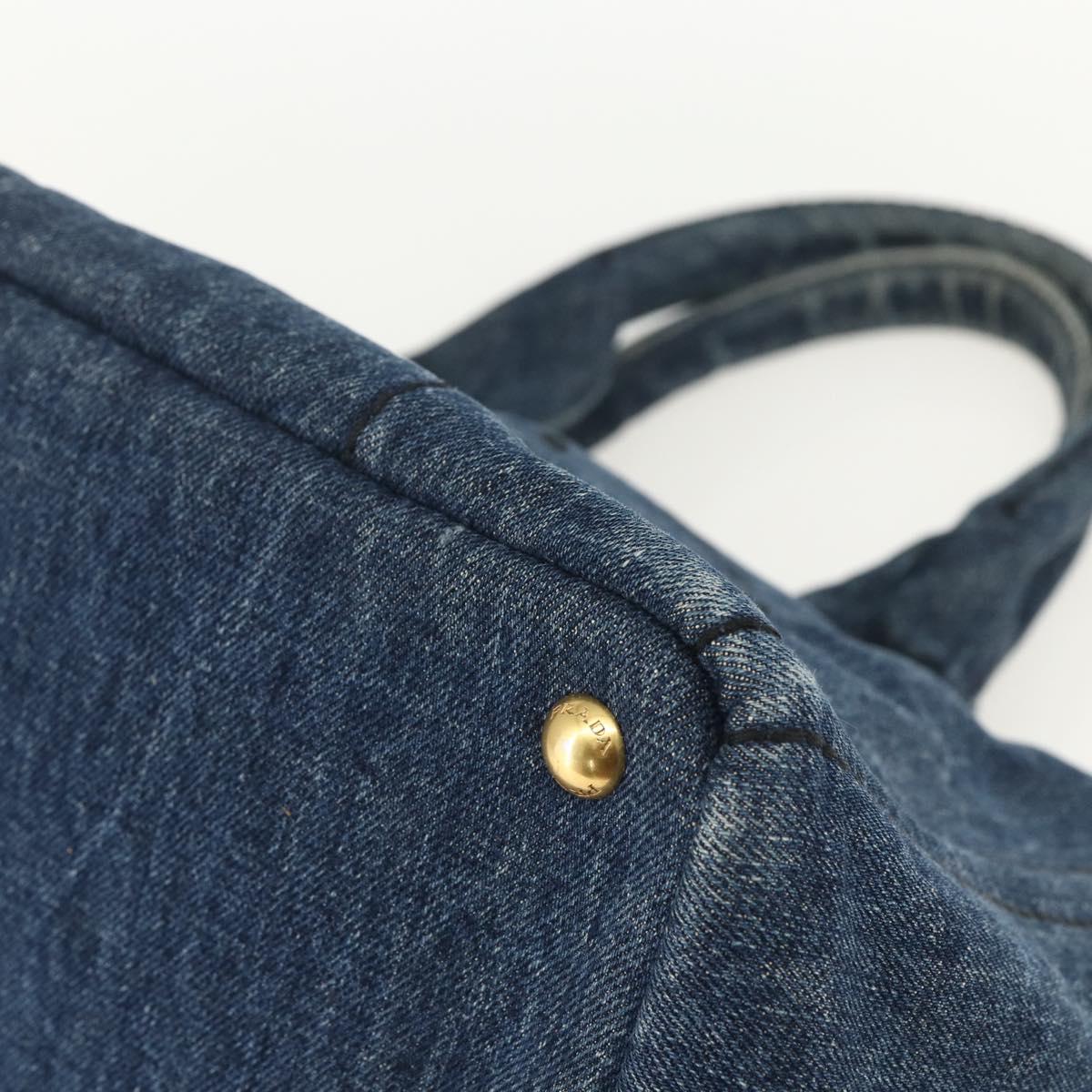 PRADA Canapa MM Hand Bag Denim Blue Gold Auth 155597