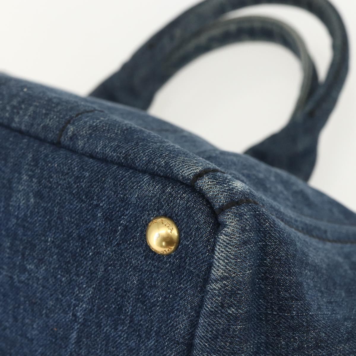 PRADA Canapa MM Hand Bag Denim Blue Gold Auth 155597