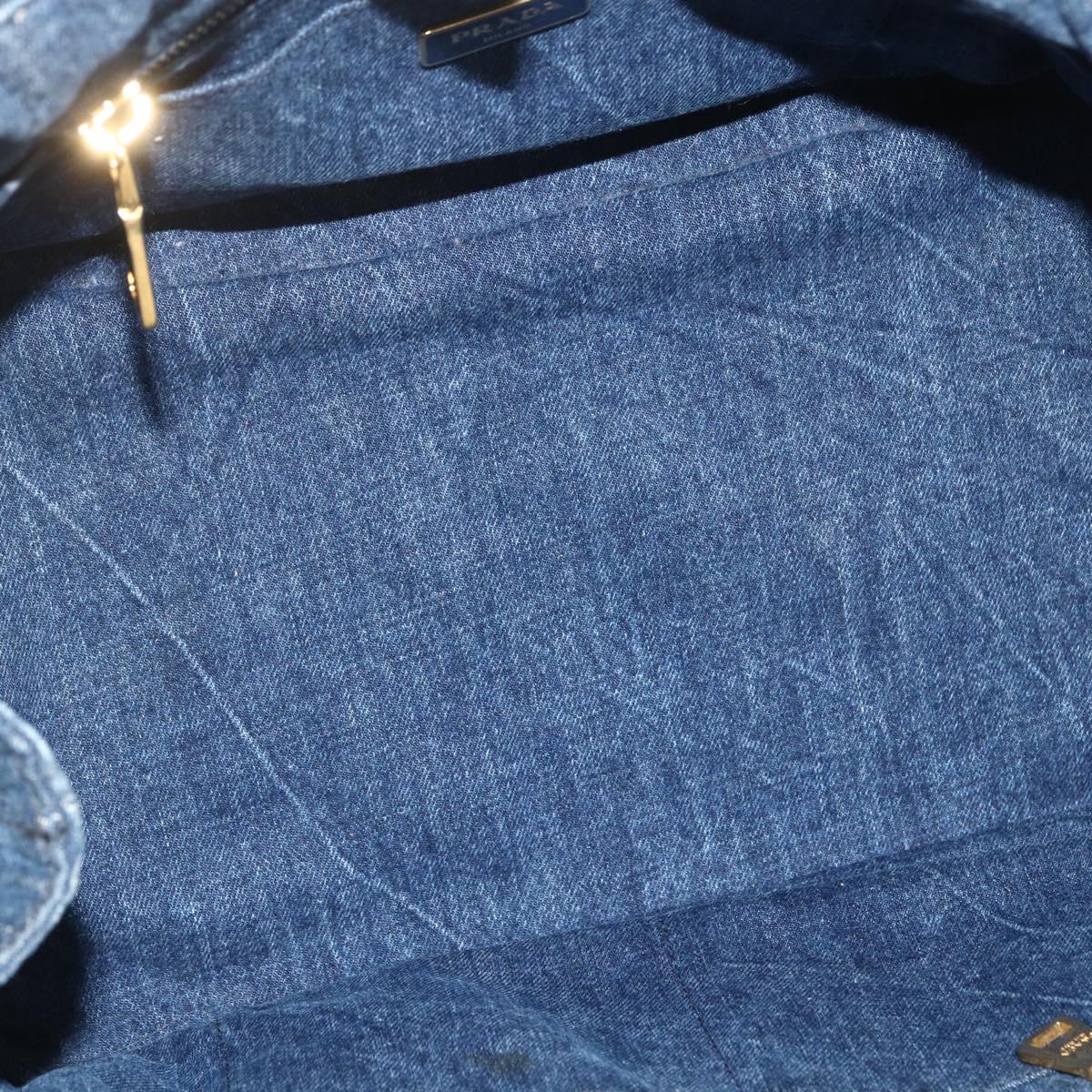 PRADA Canapa MM Hand Bag Denim Blue Gold Auth 155597