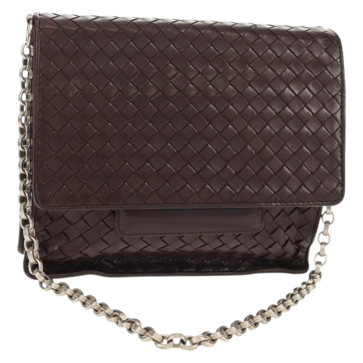 BOTTEGA VENETA INTRECCIATO Chain Shoulder Bag Leather Brown Auth 155628V