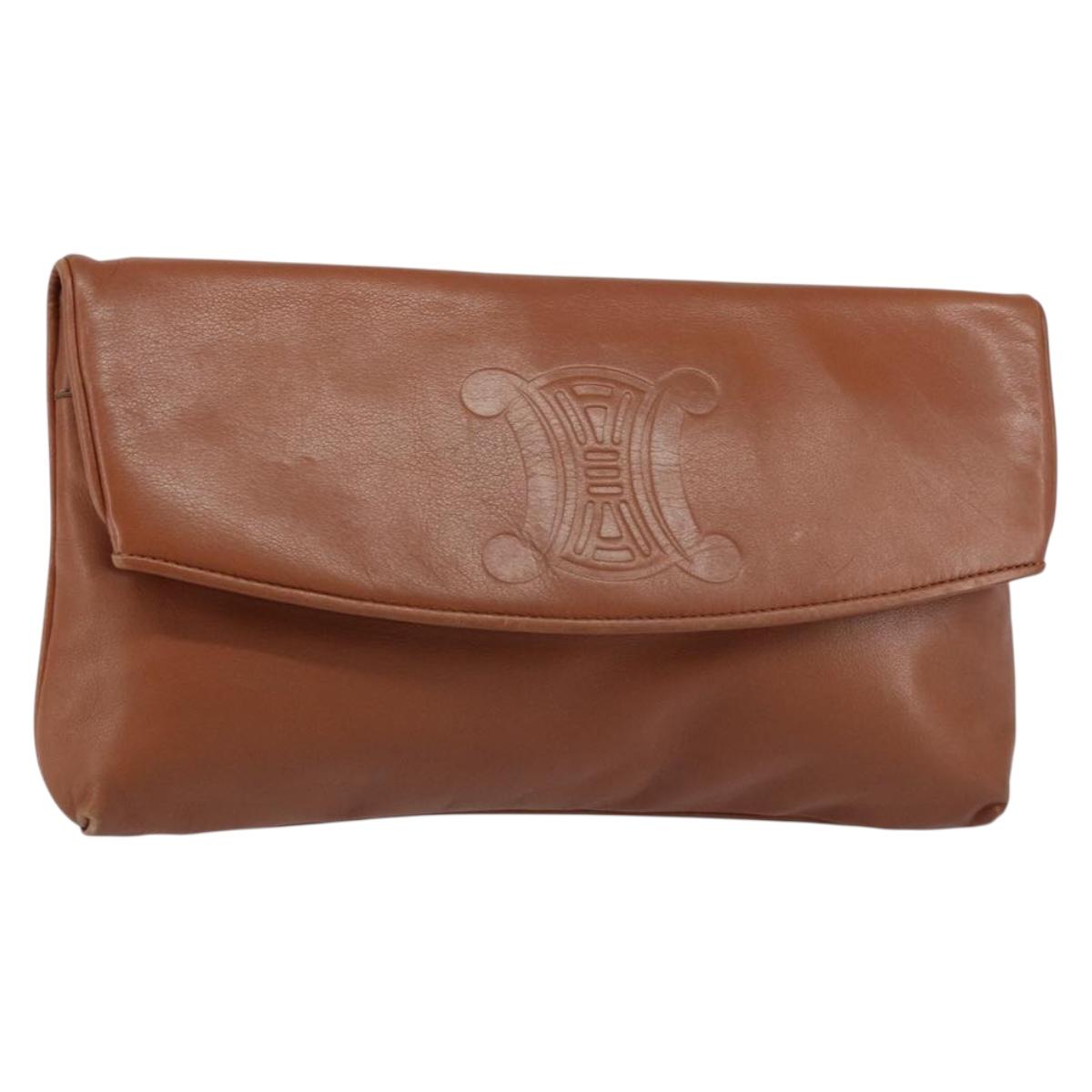 CELINE Clutch Bag Leather Gold Brown Auth 155629