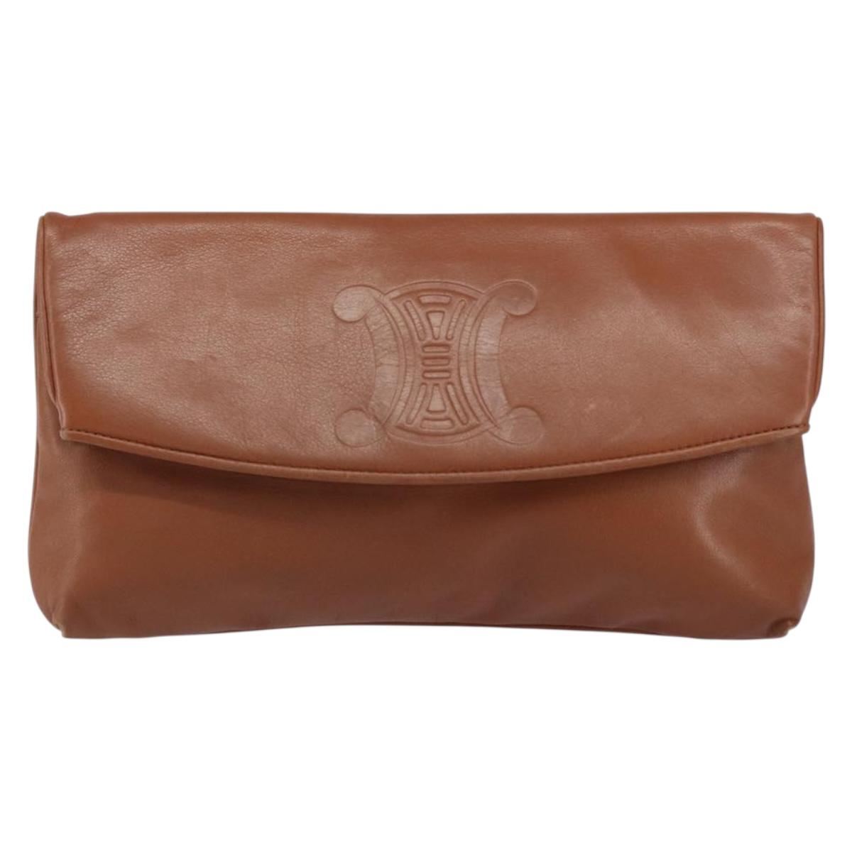 CELINE Clutch Bag Leather Gold Brown Auth 155629