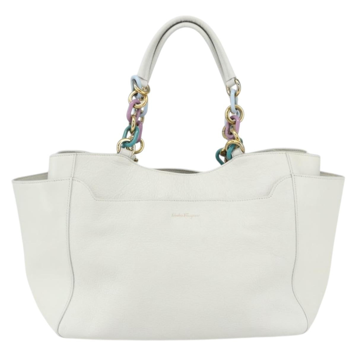 Salvatore Ferragamo Tote Bag Leather White Gold Auth 155630