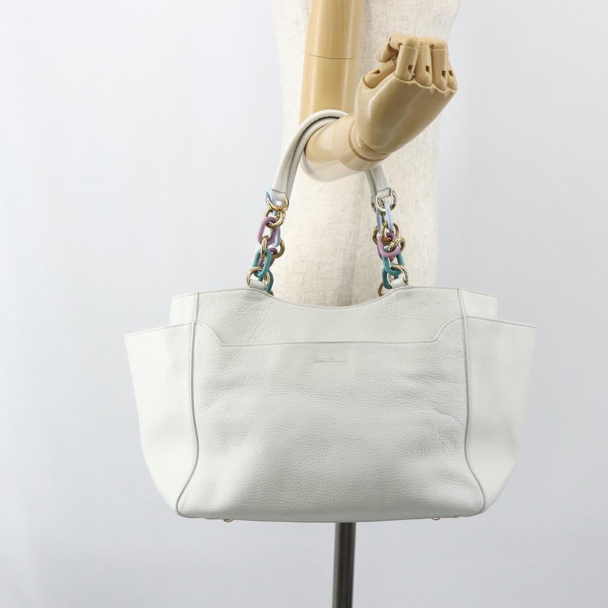 Salvatore Ferragamo Tote Bag Leather White Gold Auth 155630