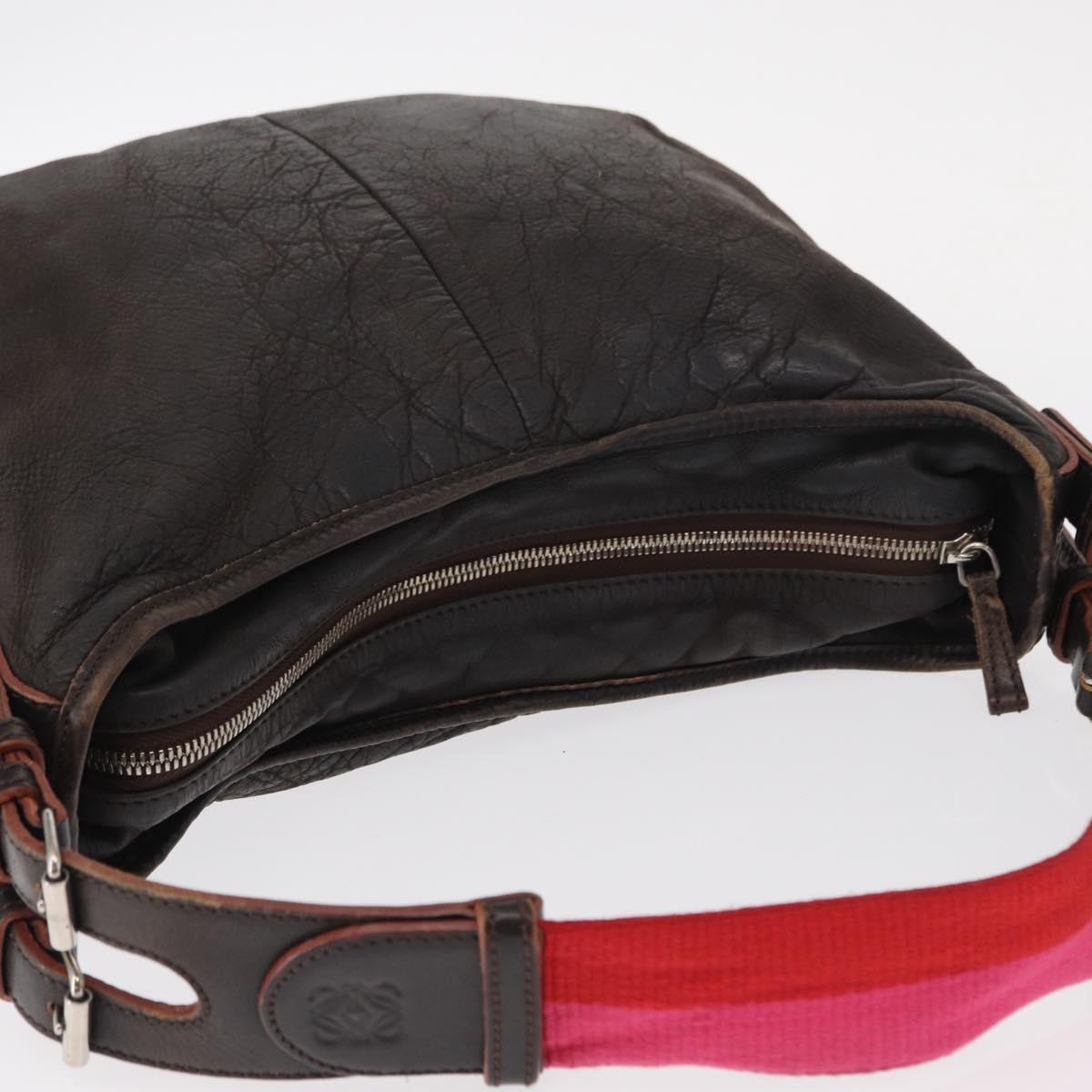 LOEWE Shoulder Bag Leather Brown Silver Auth 155631