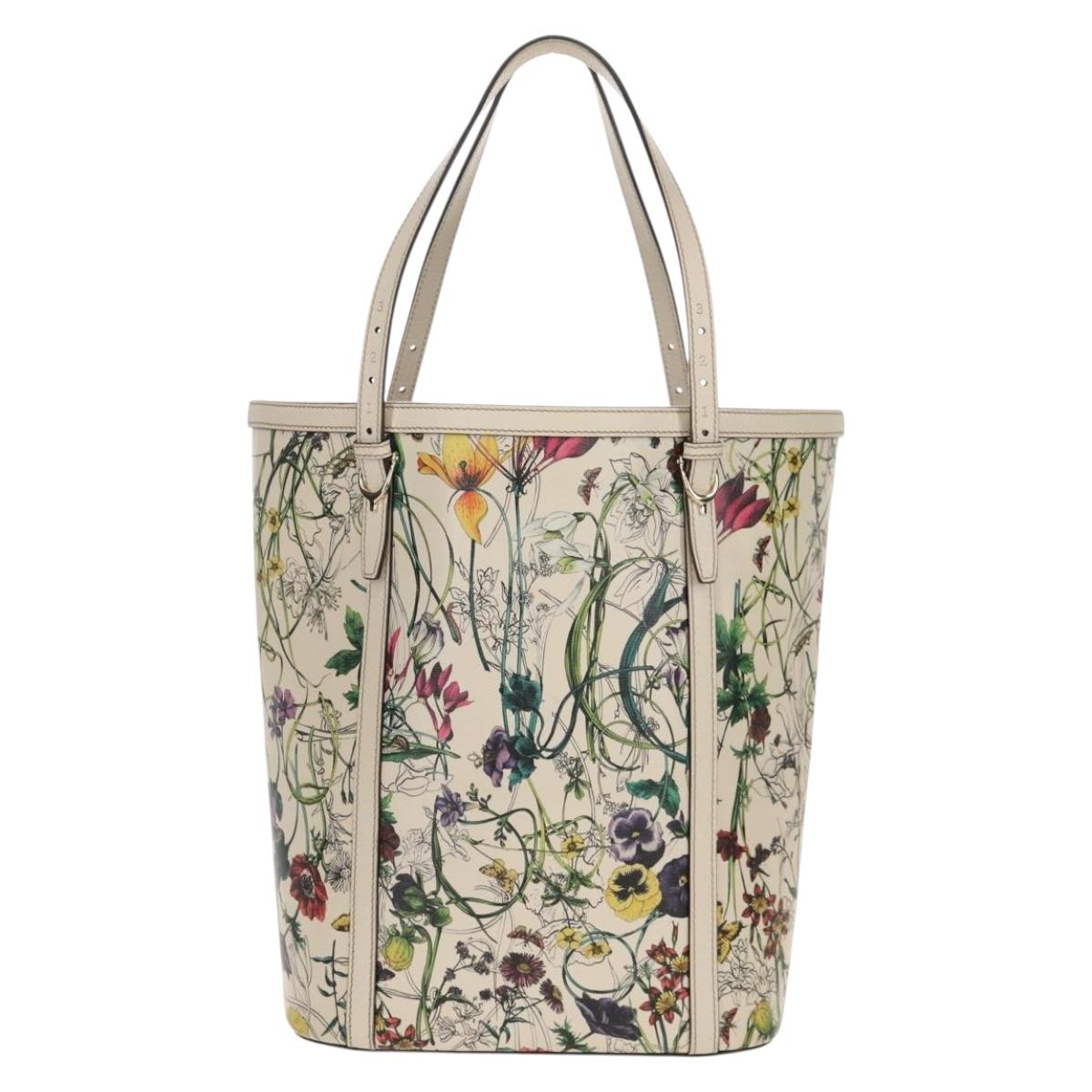 GUCCI Flora Tote Bag Leather White Gold 336777 Auth 155641V