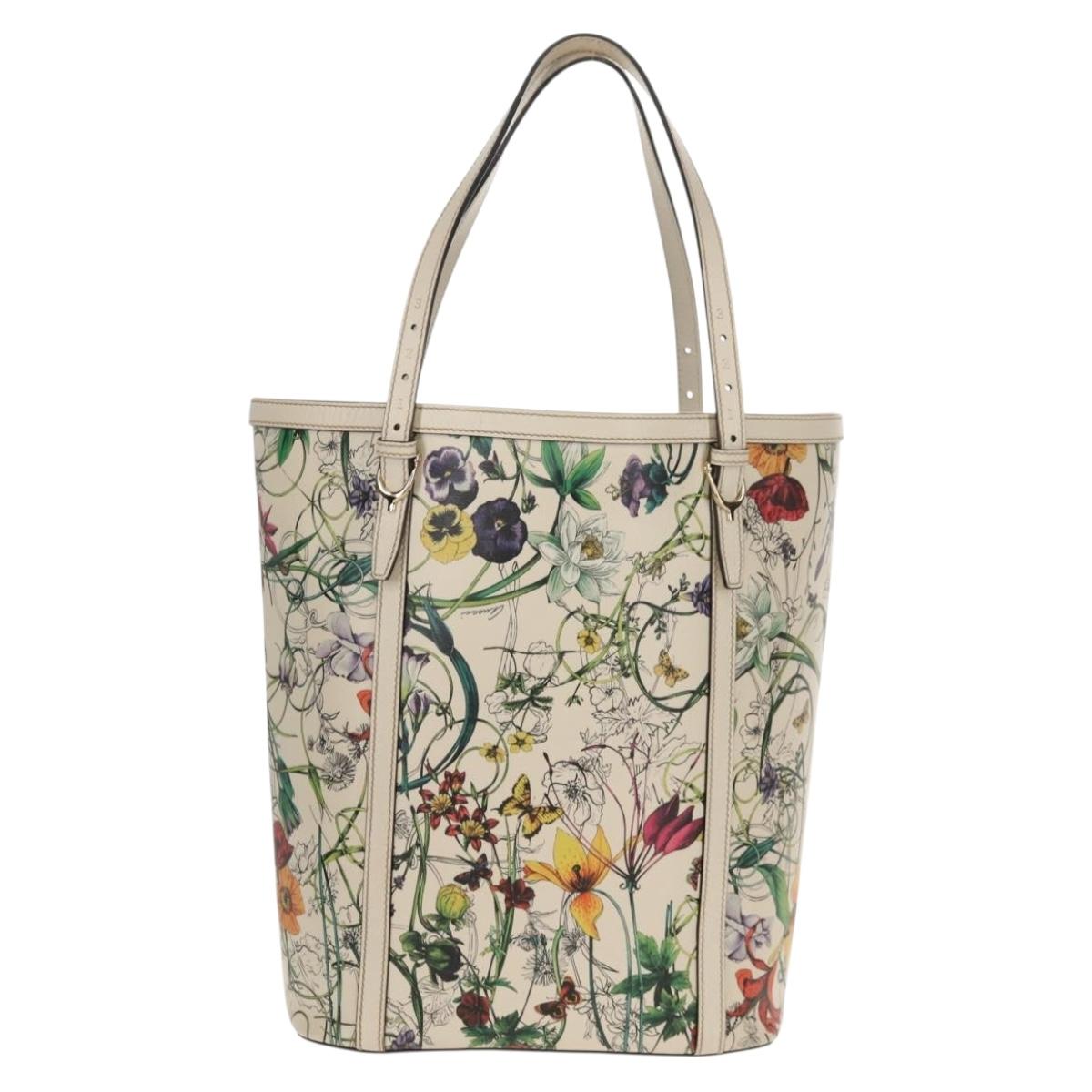 GUCCI Flora Tote Bag Leather White Gold 336777 Auth 155641V