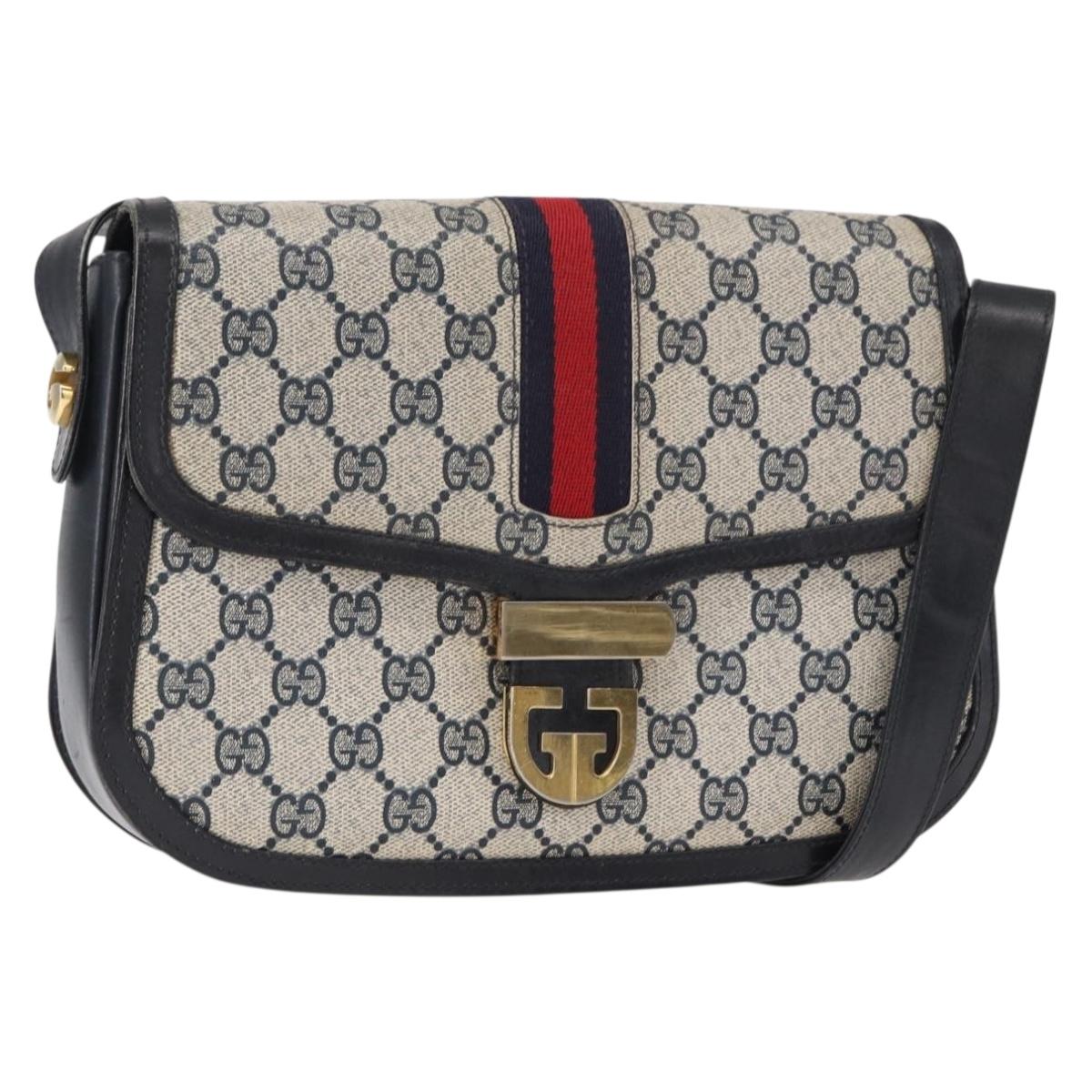 GUCCI GG Supreme Sherry Line Shoulder Bag PVC Navy Gold Red Auth 155655
