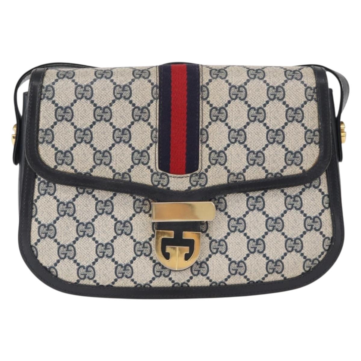 GUCCI GG Supreme Sherry Line Shoulder Bag PVC Navy Gold Red Auth 155655