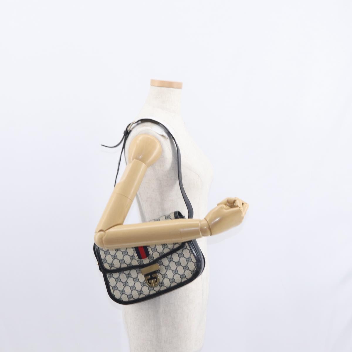 GUCCI GG Supreme Sherry Line Shoulder Bag PVC Navy Gold Red Auth 155655