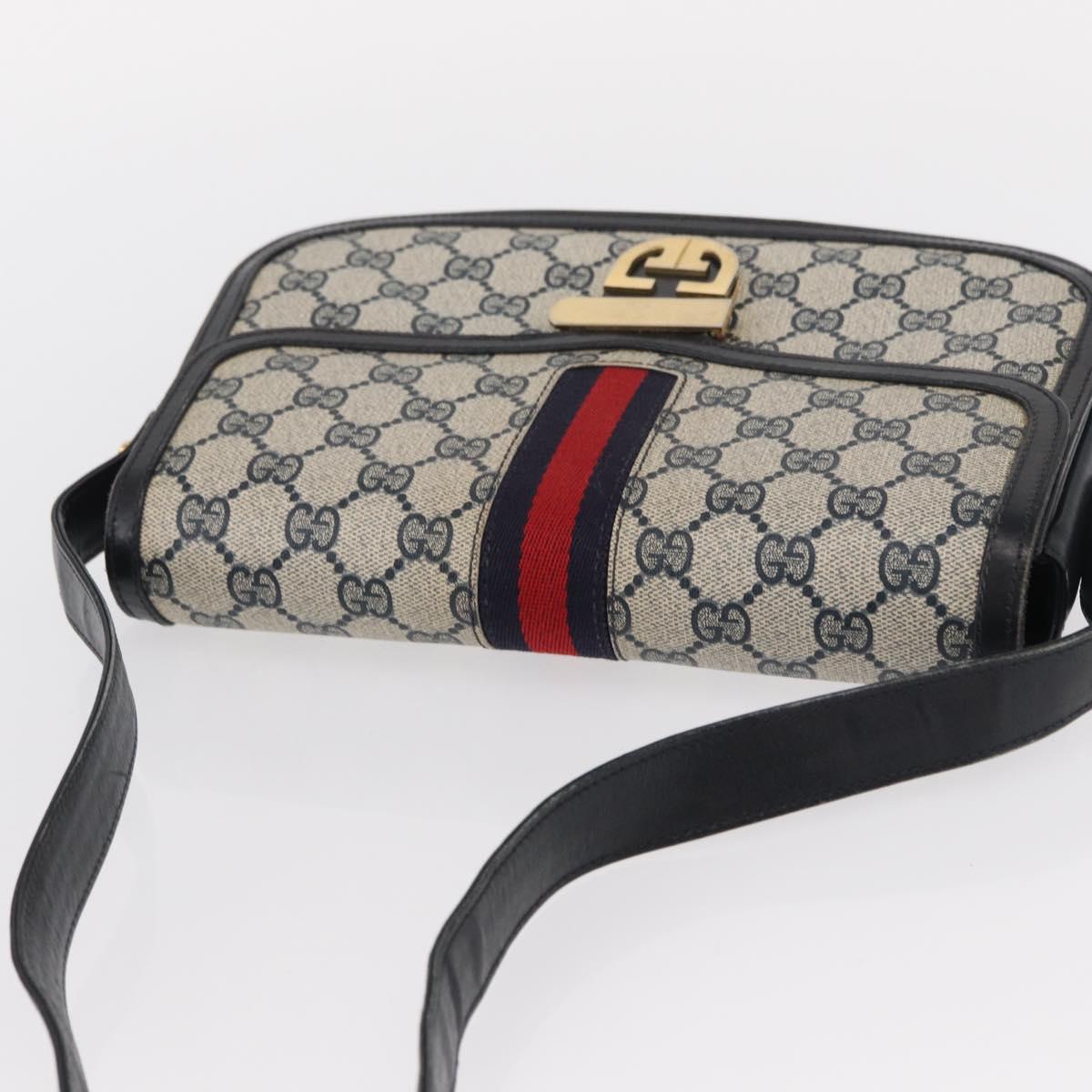 GUCCI GG Supreme Sherry Line Shoulder Bag PVC Navy Gold Red Auth 155655