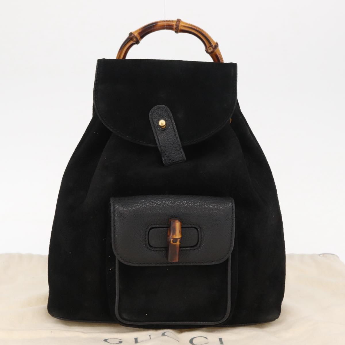 GUCCI Bamboo Backpack Suede Black Gold Auth 155693