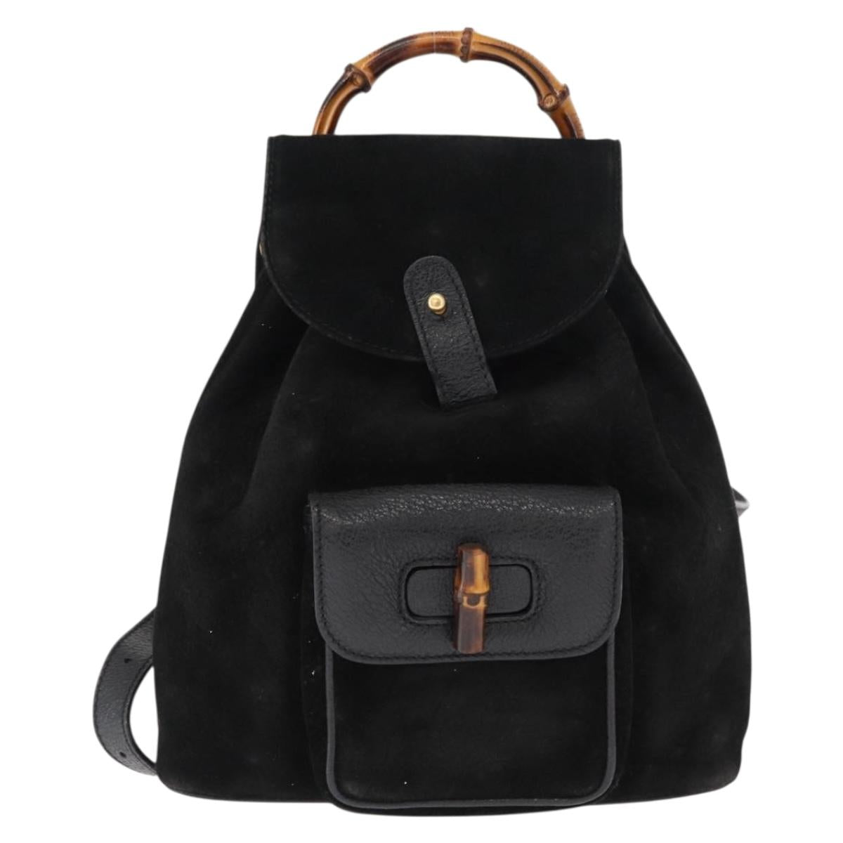 GUCCI Bamboo Backpack Suede Black Gold Auth 155693