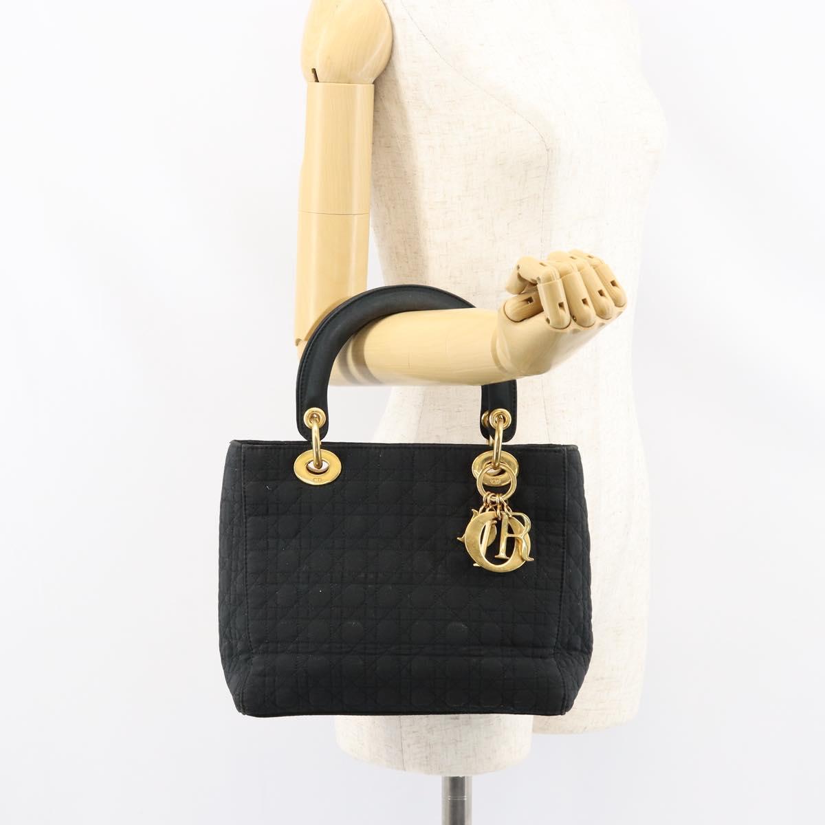 Christian Dior Lady Dior Canage Hand Bag Nylon Black Gold Auth 155703