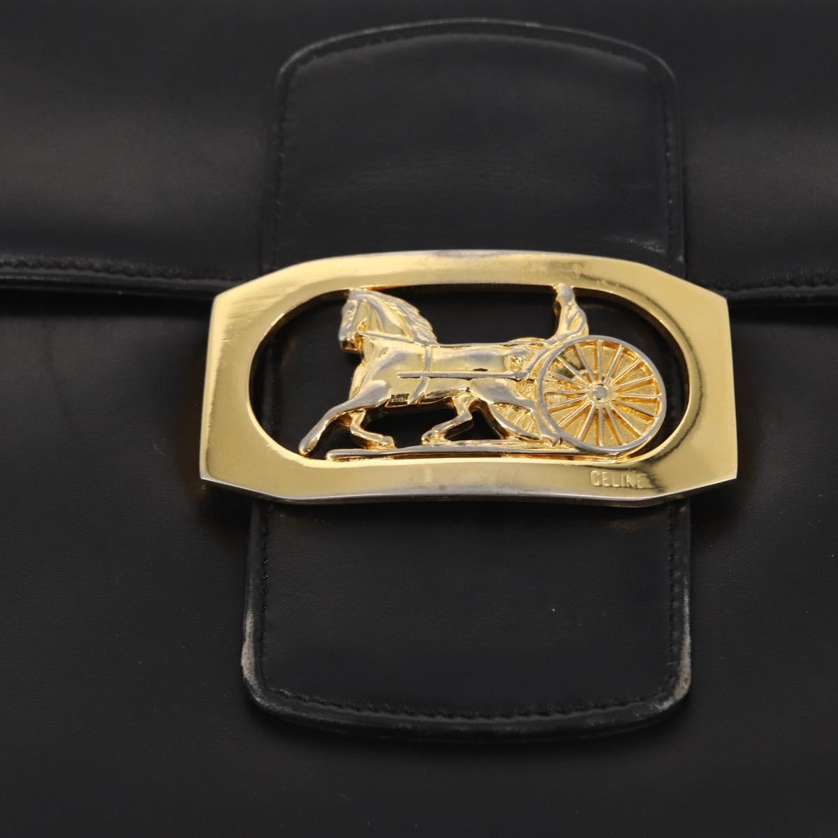 CELINE Horse Carriage Shoulder Bag Leather Black Gold Auth 155706