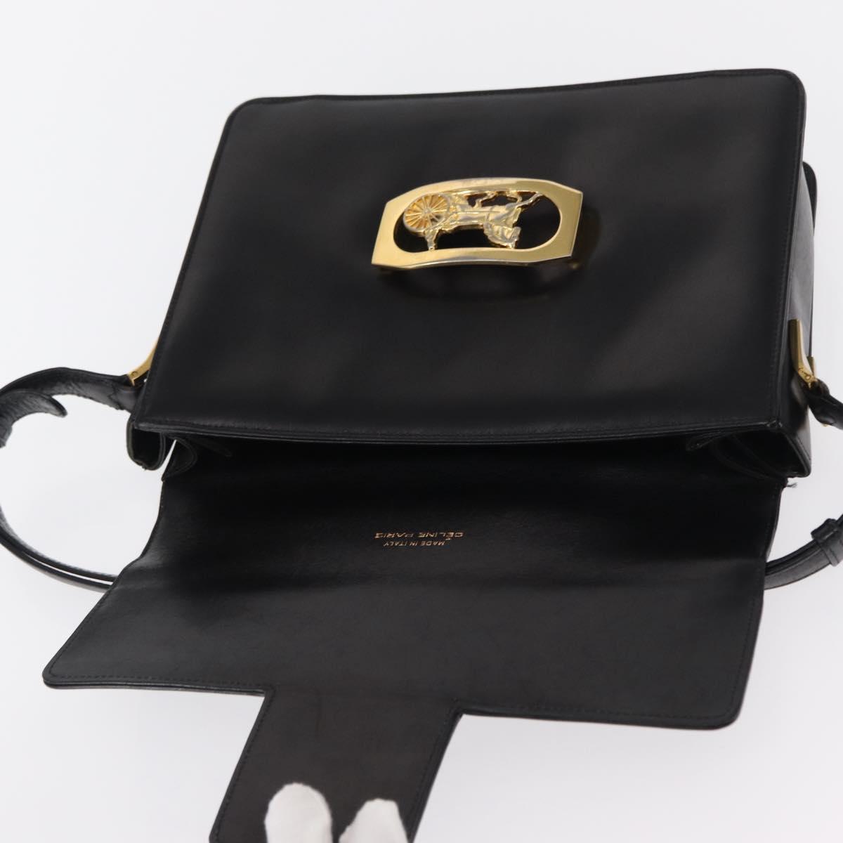 CELINE Horse Carriage Shoulder Bag Leather Black Gold Auth 155706