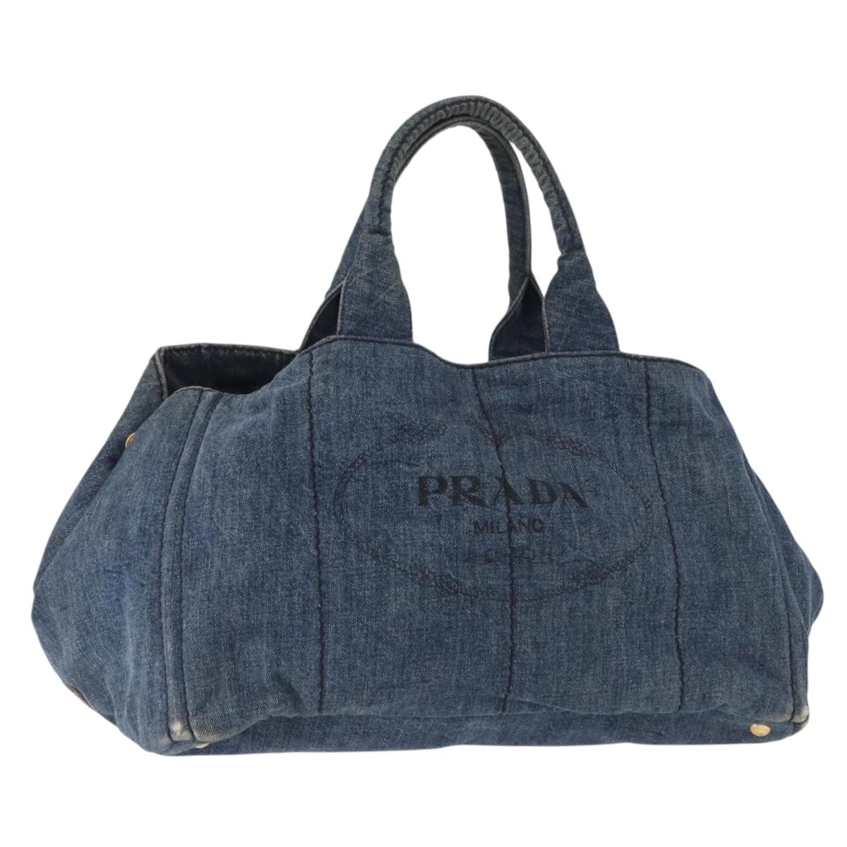 PRADA Canapa GM Hand Bag Denim Blue Gold Auth 155724