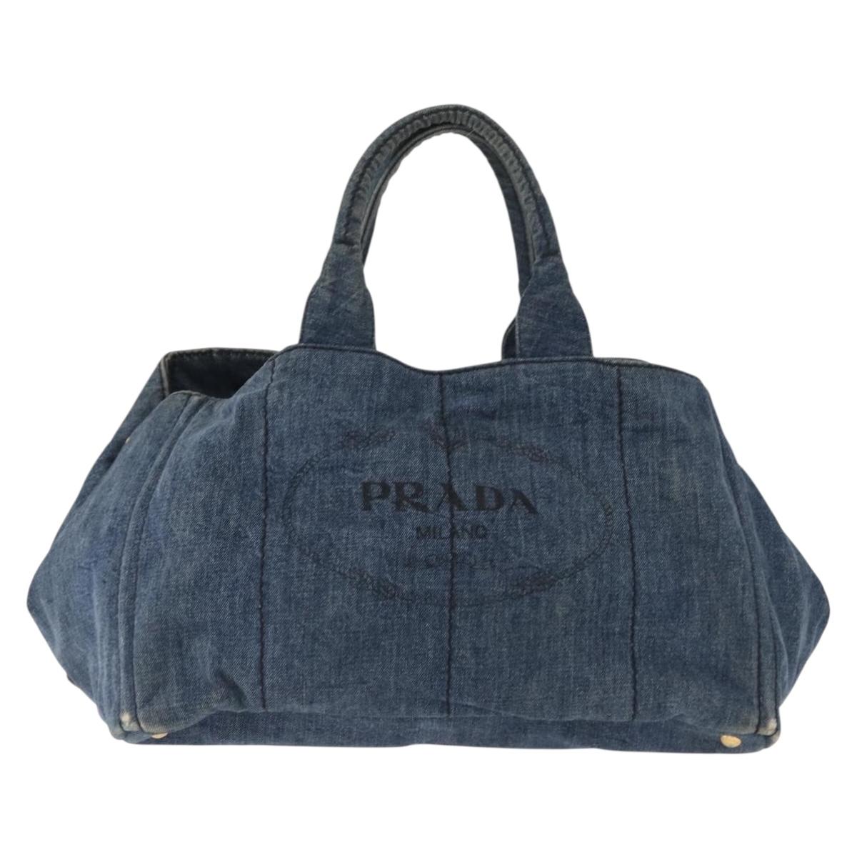 PRADA Canapa GM Hand Bag Denim Blue Gold Auth 155724