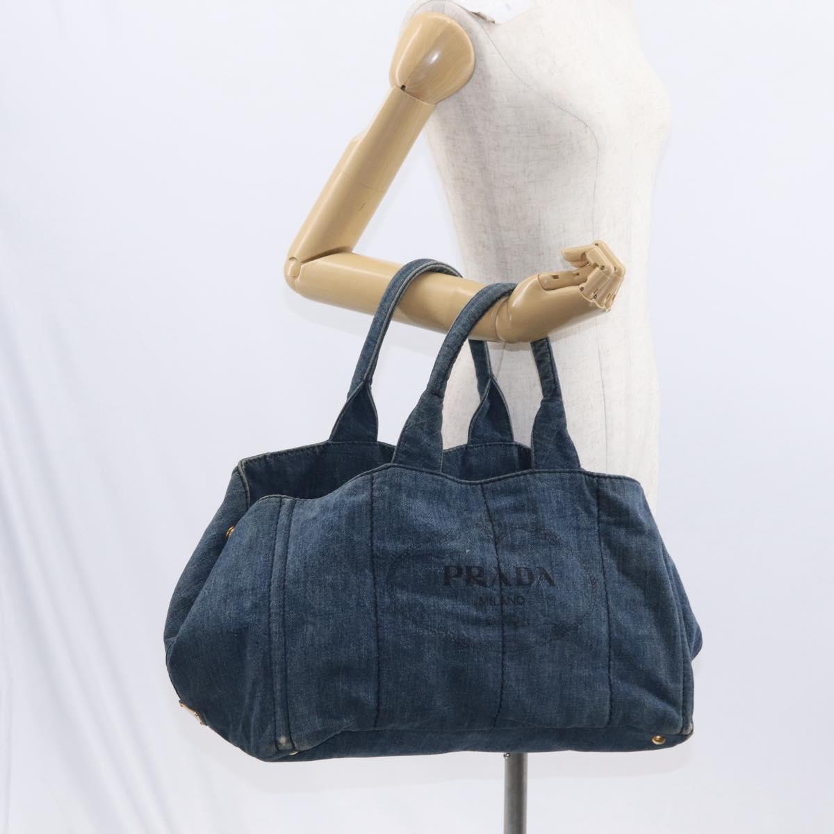 PRADA Canapa GM Hand Bag Denim Blue Gold Auth 155724
