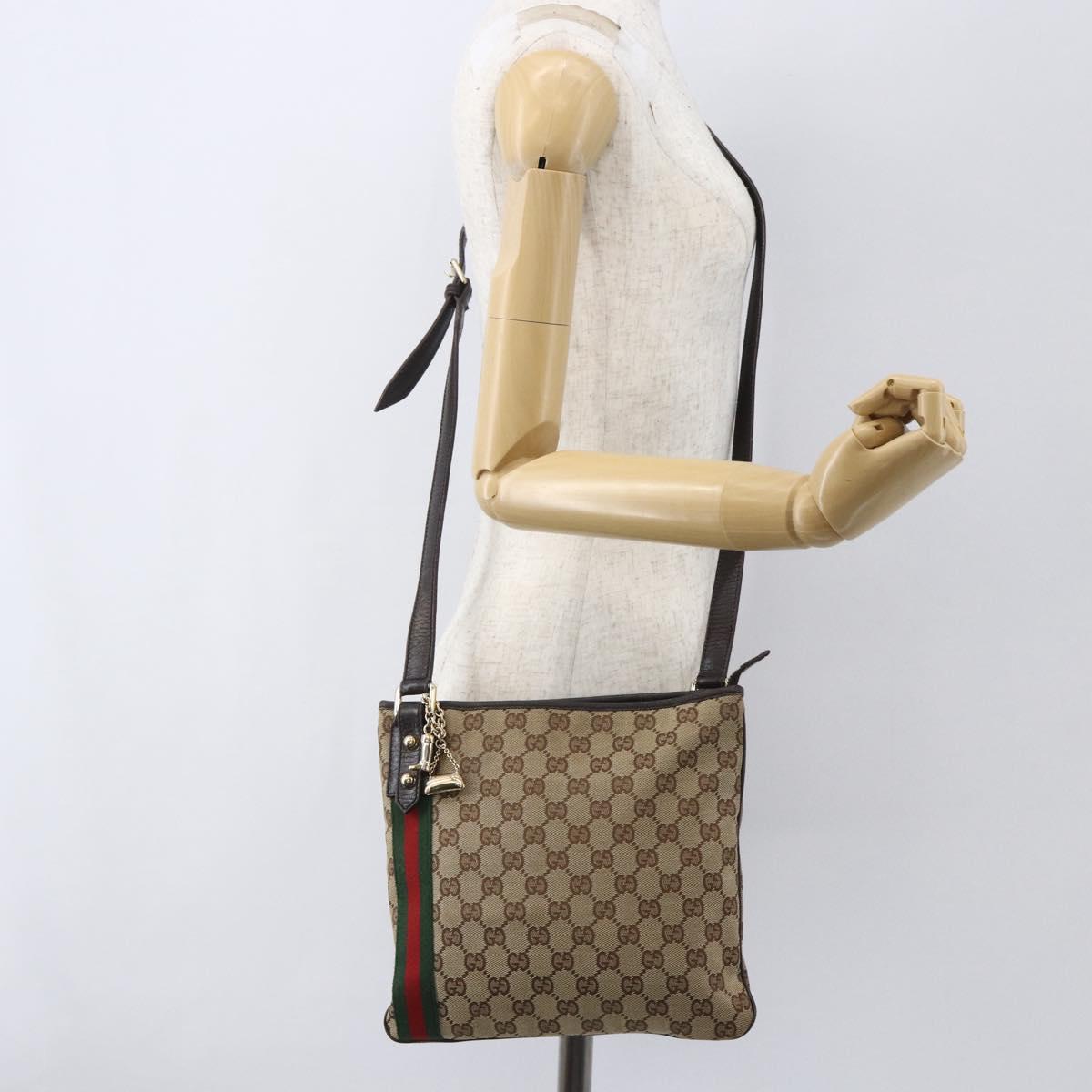 GUCCI GG Canvas Web Sherry Line Shoulder Bag Beige Gold Red 144388 Auth 155727