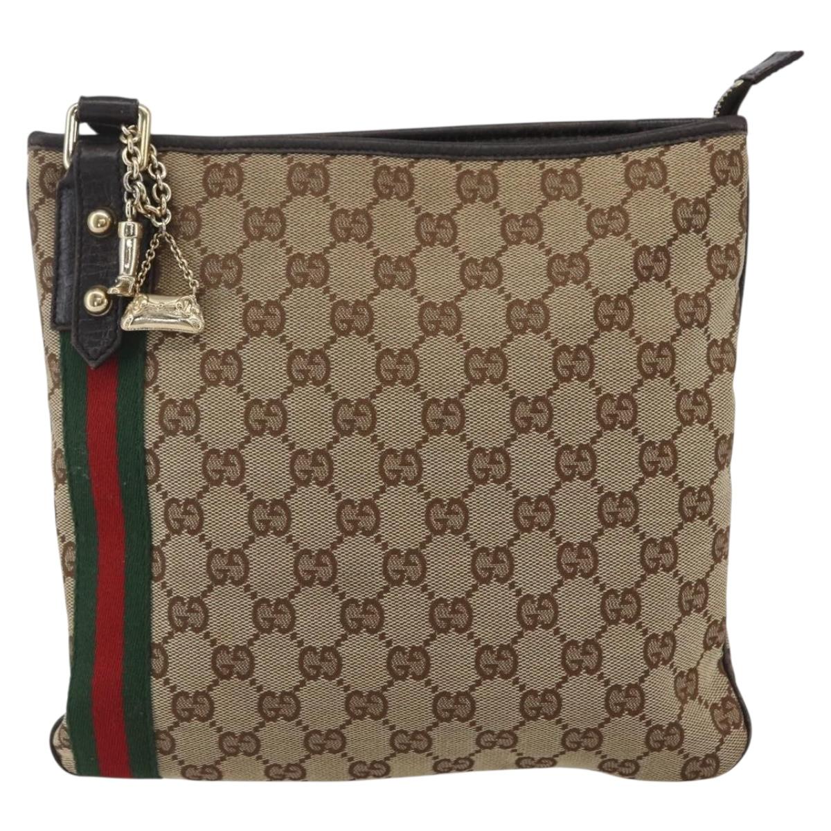 GUCCI GG Canvas Web Sherry Line Shoulder Bag Beige Gold Red 144388 Auth 155727