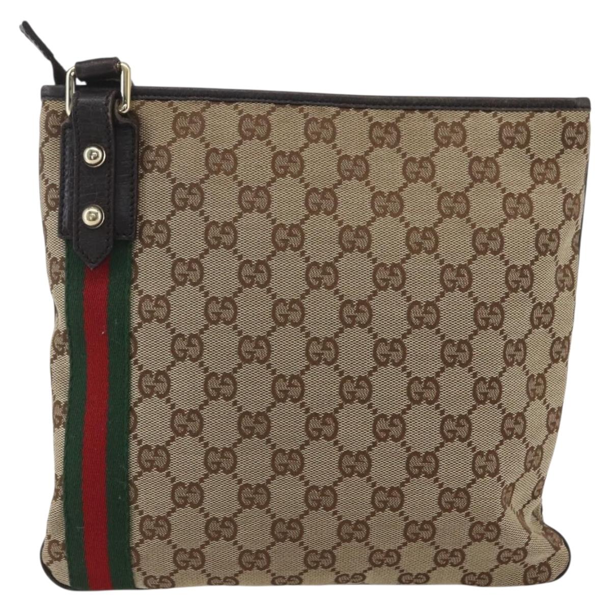 GUCCI GG Canvas Web Sherry Line Shoulder Bag Beige Gold Red 144388 Auth 155727