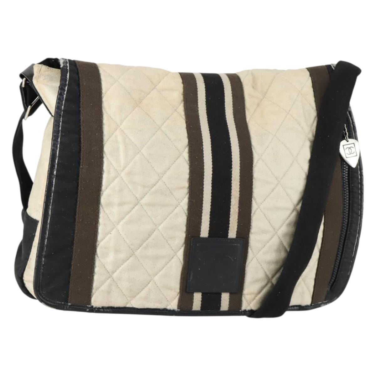 CHANEL Sports Line Shoulder Bag Canvas Beige Silver CC Auth 155748
