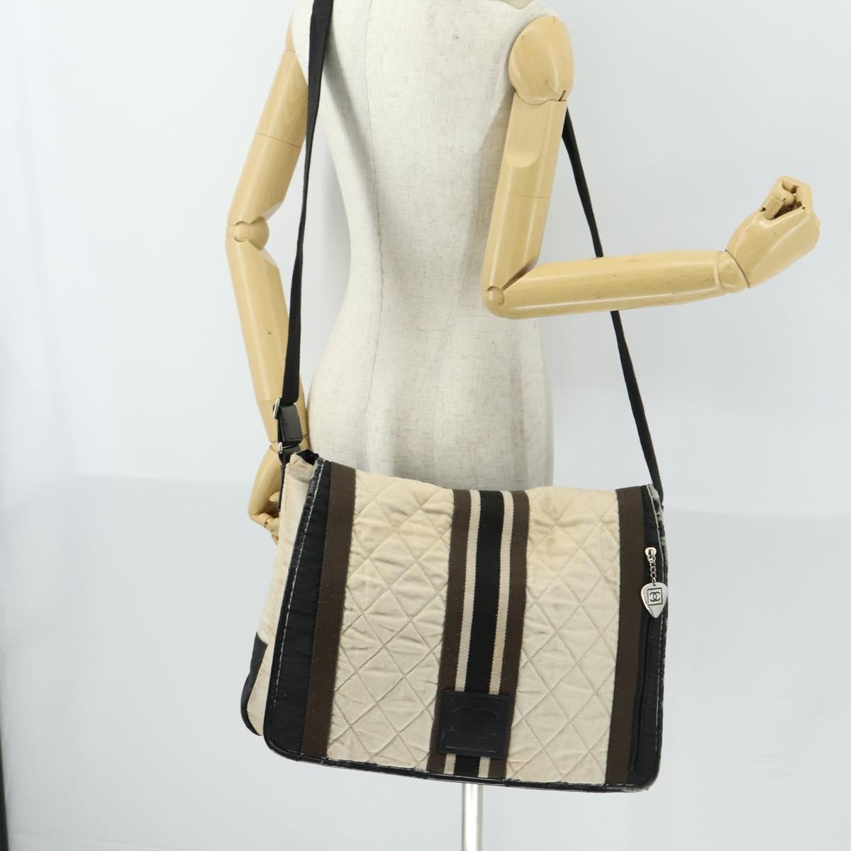 CHANEL Sports Line Shoulder Bag Canvas Beige Silver CC Auth 155748