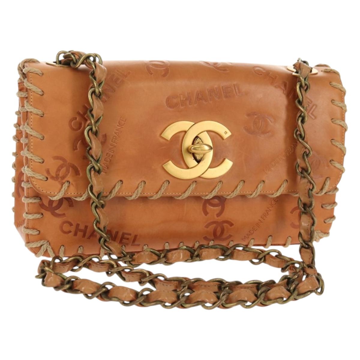 CHANEL Whipstitch COCO Mark Chain Bag Leather Brown Gold CC Auth 155770AV