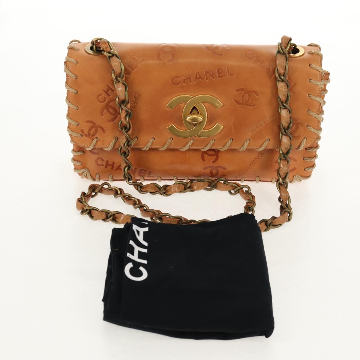 CHANEL Whipstitch COCO Mark Chain Bag Leather Brown Gold CC Auth 155770AV