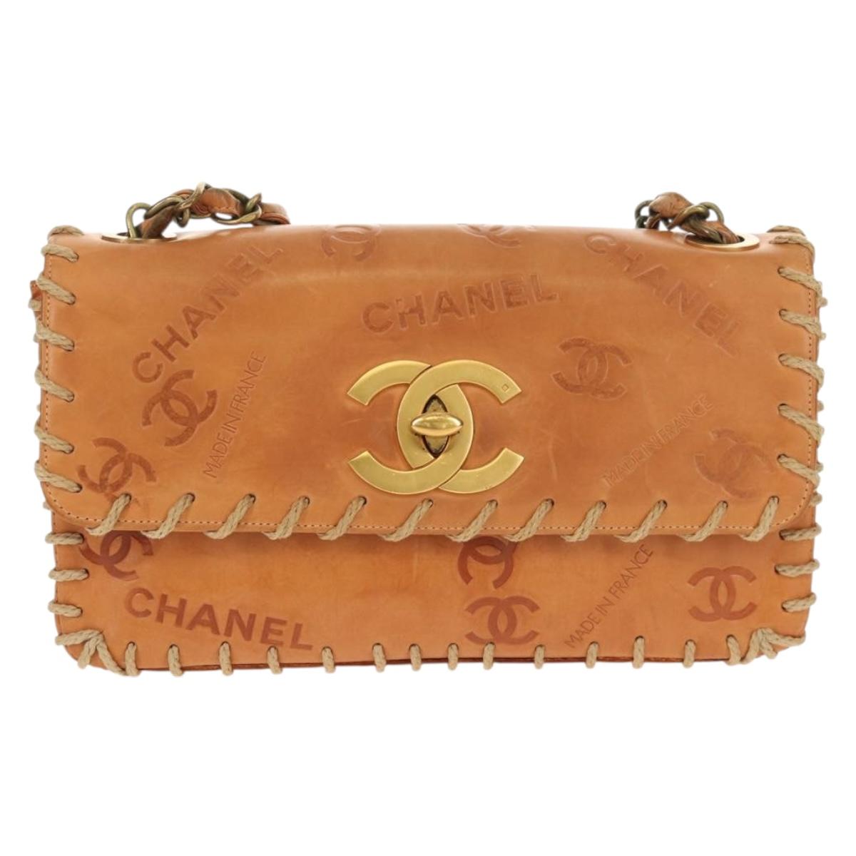 CHANEL Whipstitch COCO Mark Chain Bag Leather Brown Gold CC Auth 155770AV