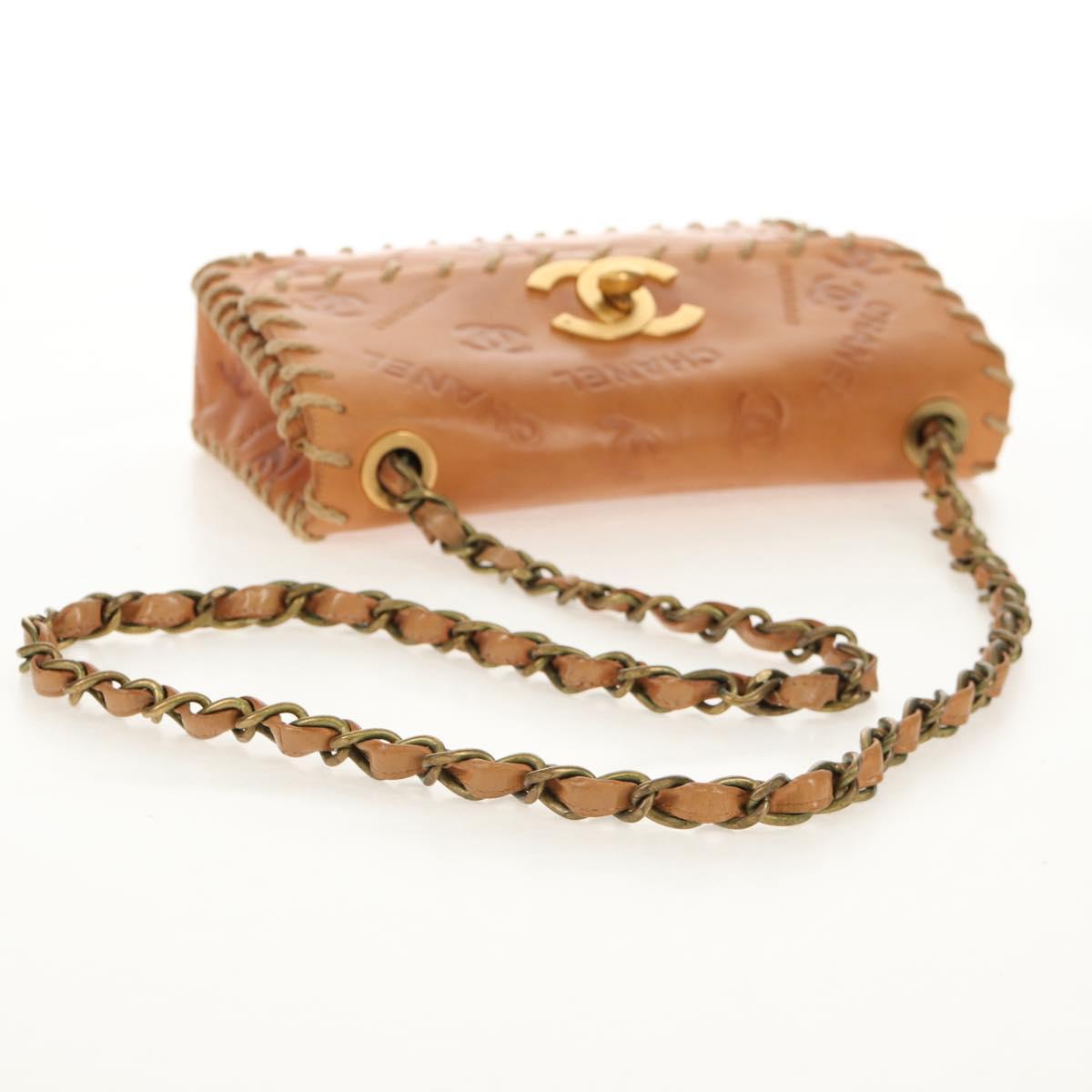 CHANEL Whipstitch COCO Mark Chain Bag Leather Brown Gold CC Auth 155770AV