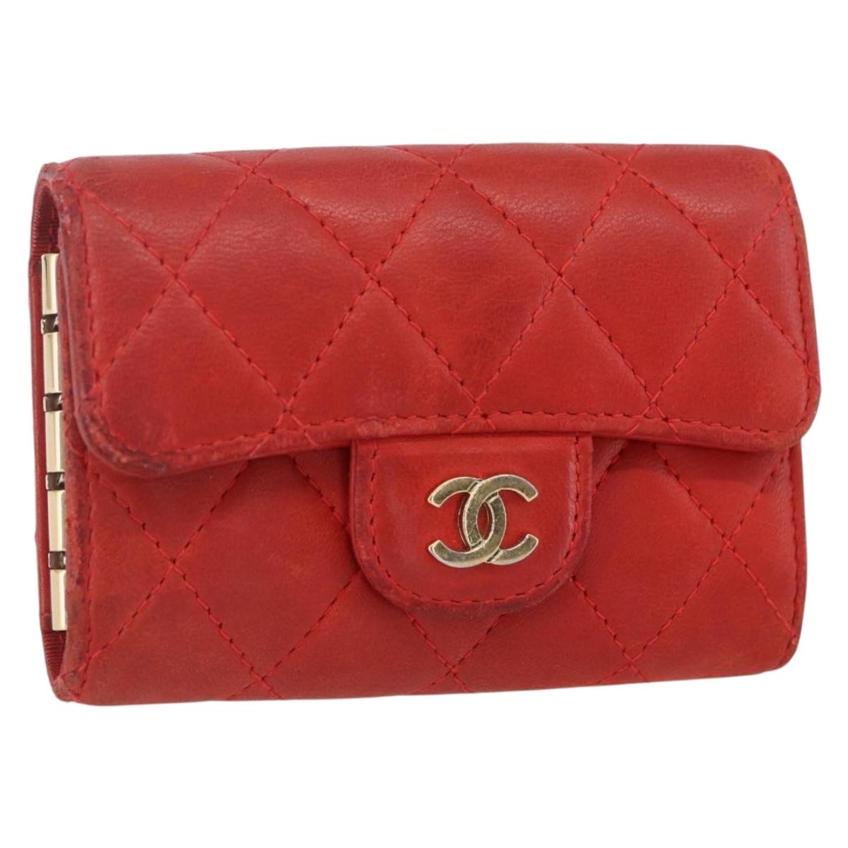 CHANEL Lamb Skin Matelasse Key Case Red Gold CC Auth 155782