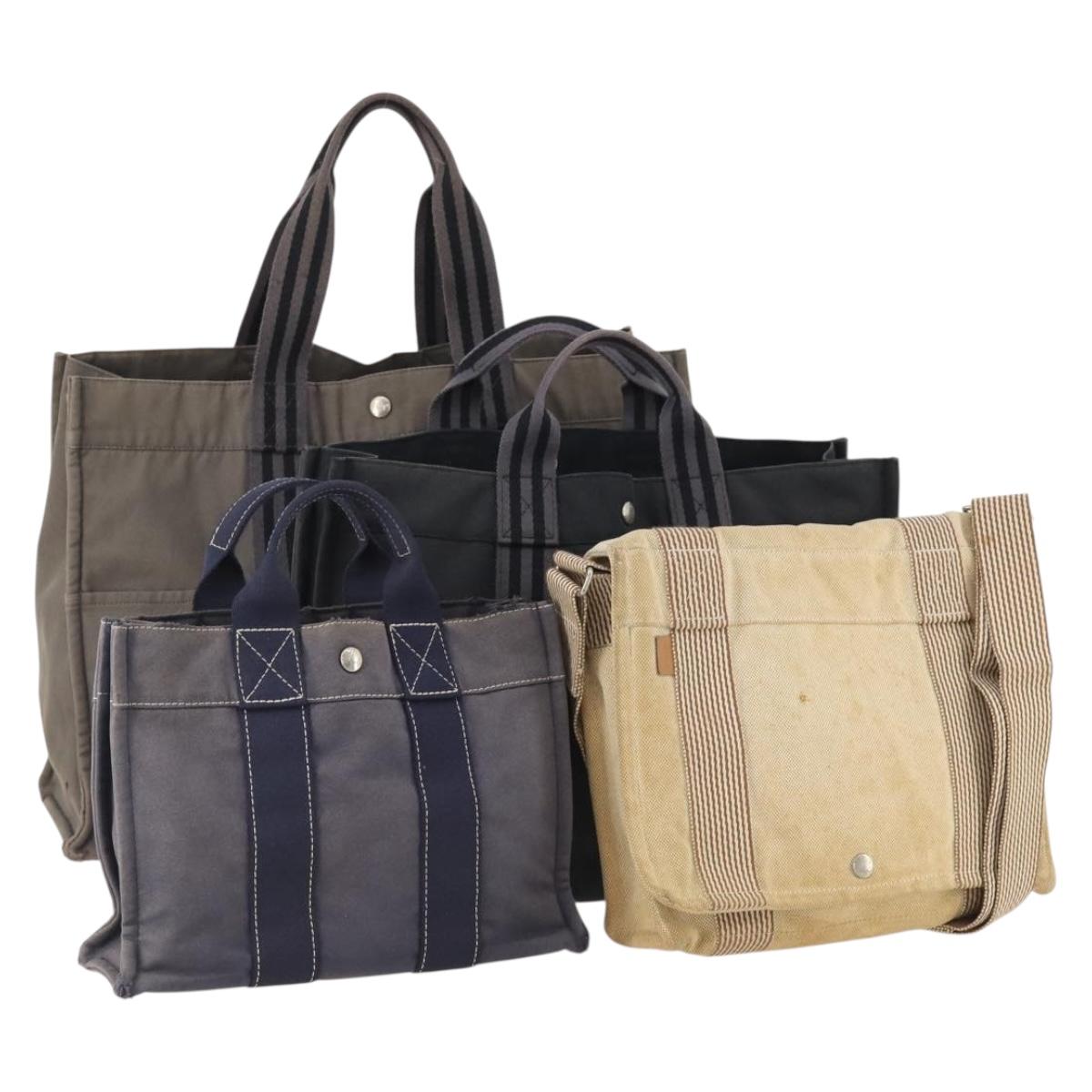 HERMES Hand Bag Canvas 4 Set Navy Black beige Auth 155798