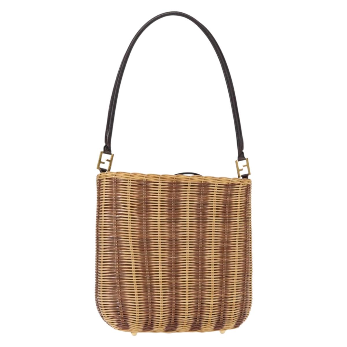 FENDI Shoulder Bag Rattan Brown Gold Auth 155924