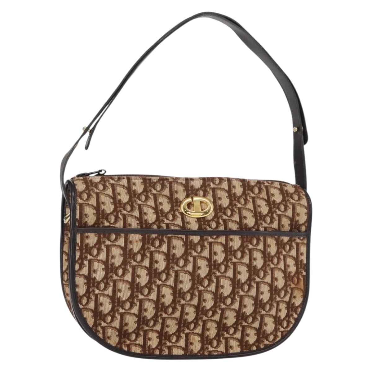 Christian Dior Trotter Canvas Shoulder Bag Brown Gold Auth 155929