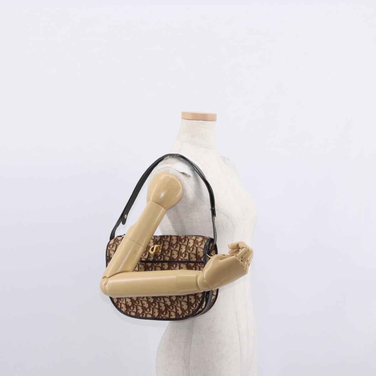 Christian Dior Trotter Canvas Shoulder Bag Brown Gold Auth 155929