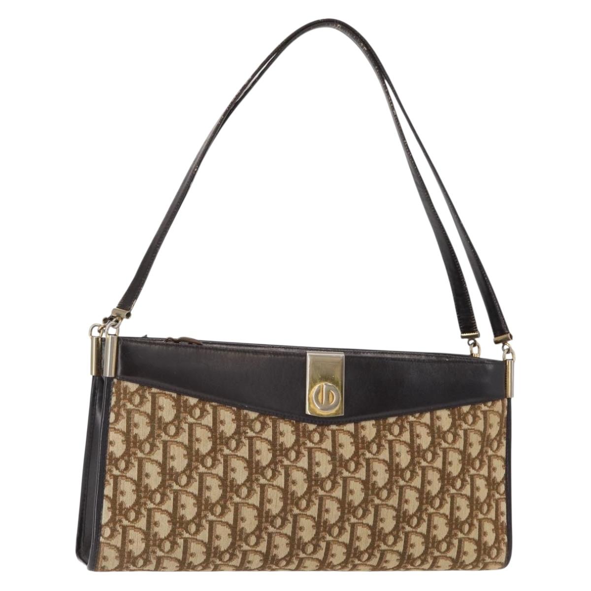 Christian Dior Trotter Canvas Shoulder Bag Brown Gold Auth 155930